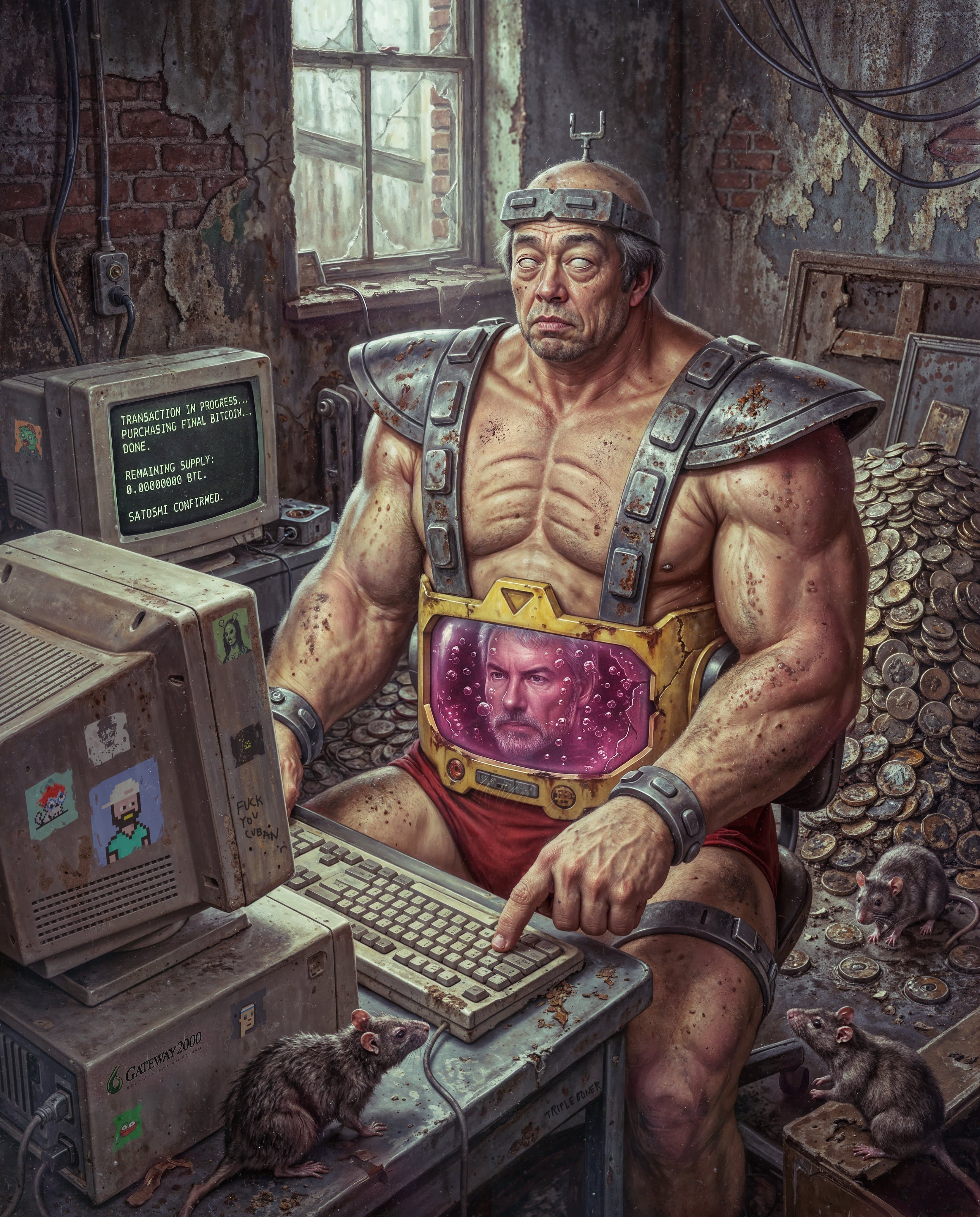 Beeple everyday of a muscular man buying the final bitcoin on an old computer, with a r3tards NFT sticker on the monitor