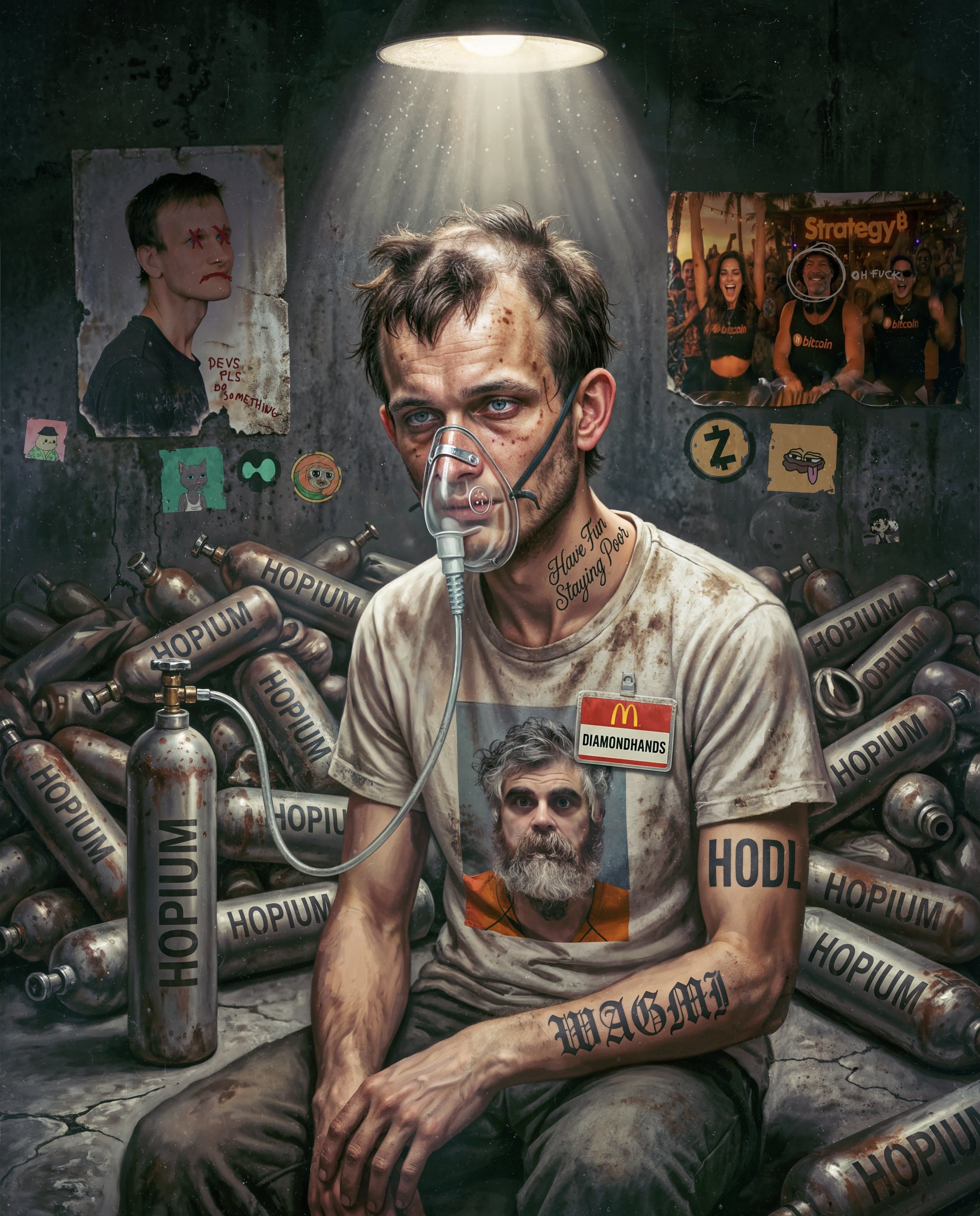 Beeple everyday of a man breathing from hopium tanks surrounded by crypto memorabilia, with a r3tards NFT on the wall