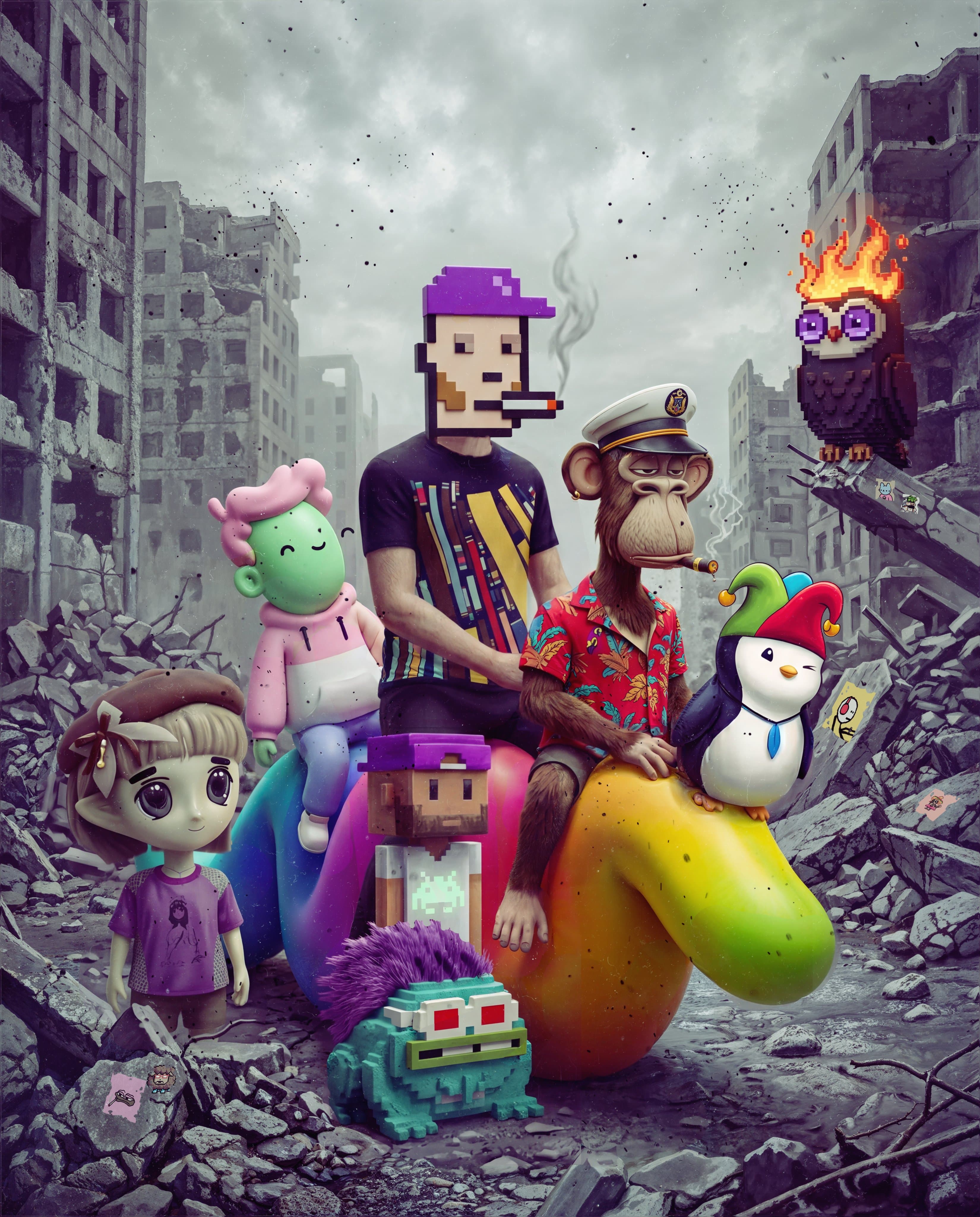 Beeple everyday of blue chip NFT characters sitting on a rainbow snail in a ruined city, with a r3tards NFT sticker