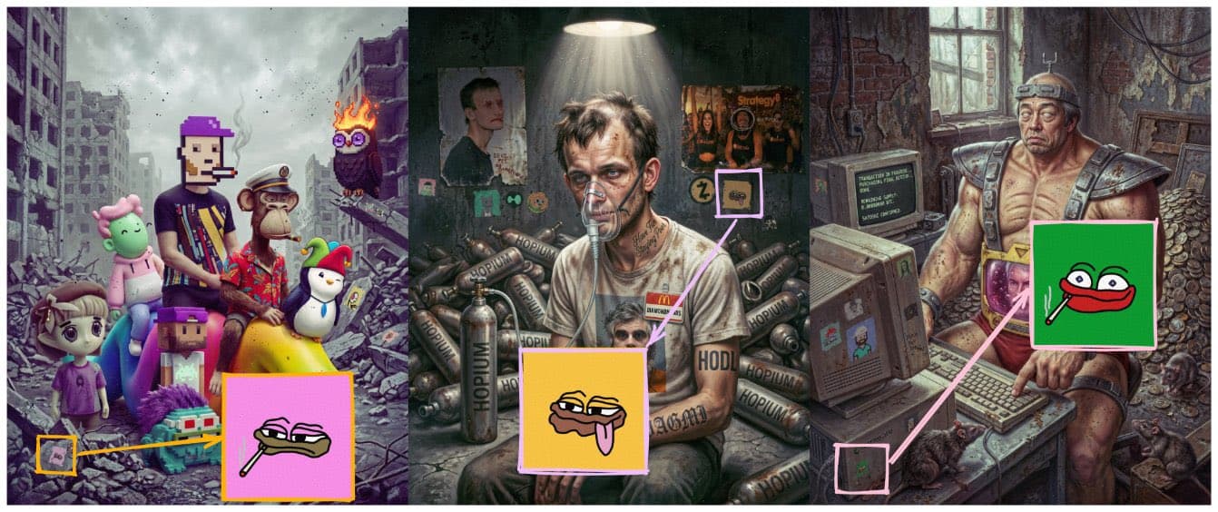 Side by side crops of the three Beeple everydays with the hidden r3tards NFTs zoomed in